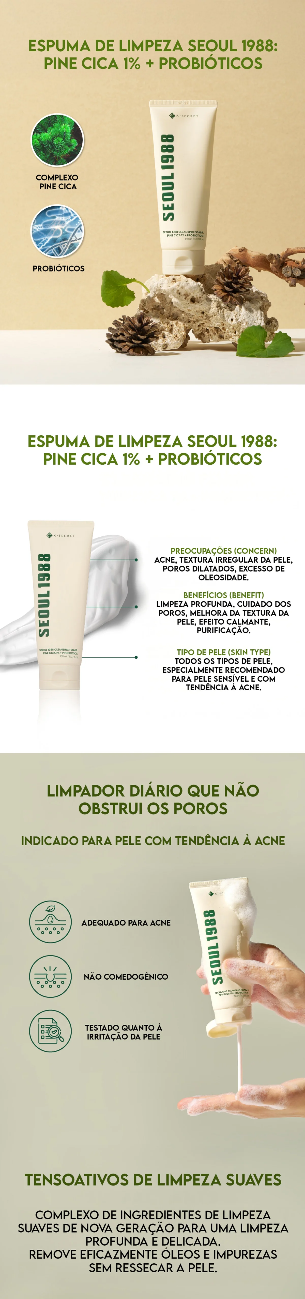 K-Secret Seoul 1988 Espuma de Limpeza: Pine Cica 1% + Probiotics 150ml